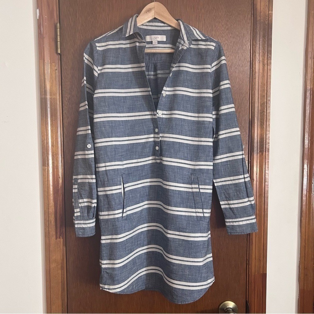 LOFT Shirt Dress Casual Size 0 Blue Excellent Striped Cotton Mini Boho Everyday
